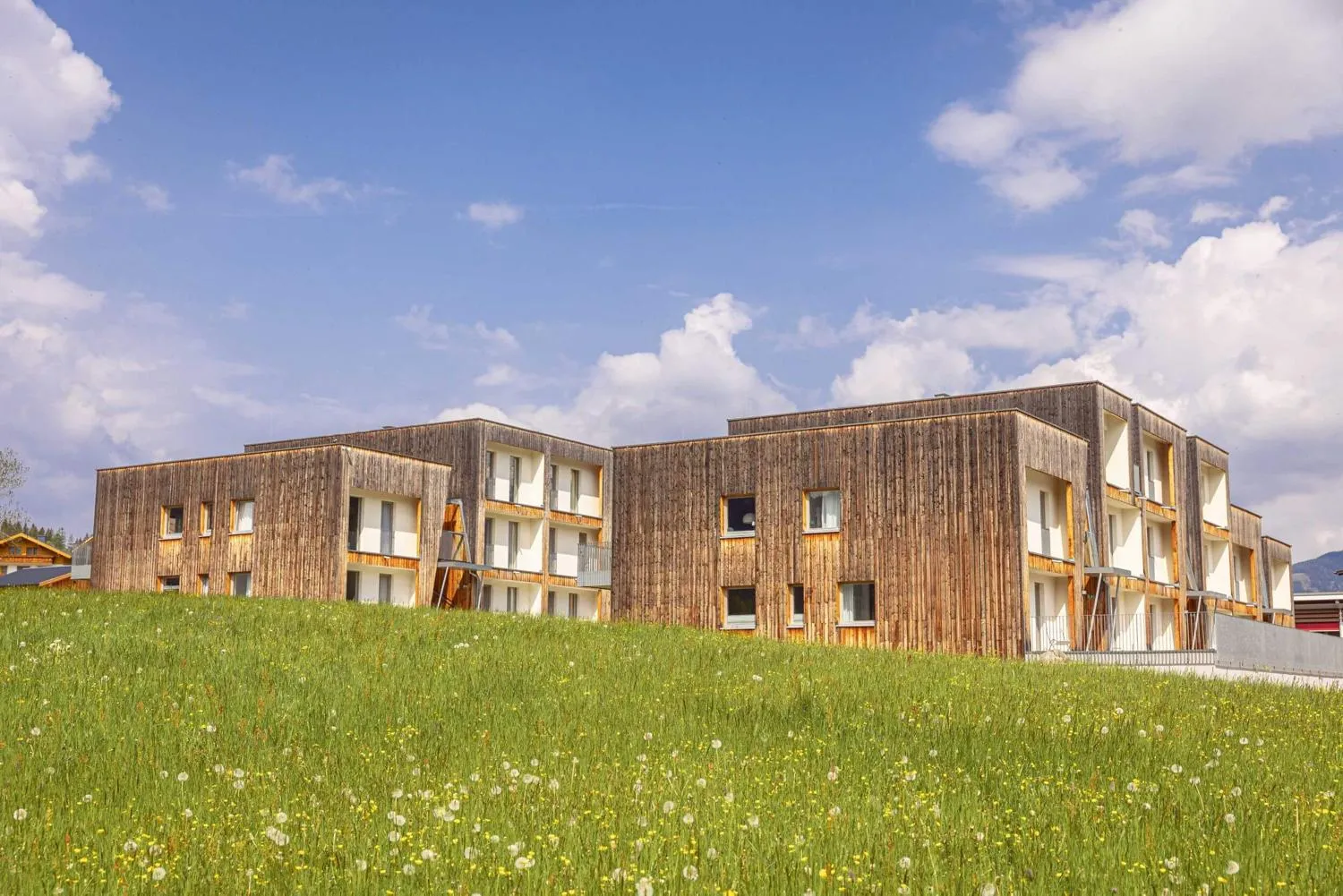 Zeitgenössisches Resort mit Holzfassade in grüner Berglandschaft