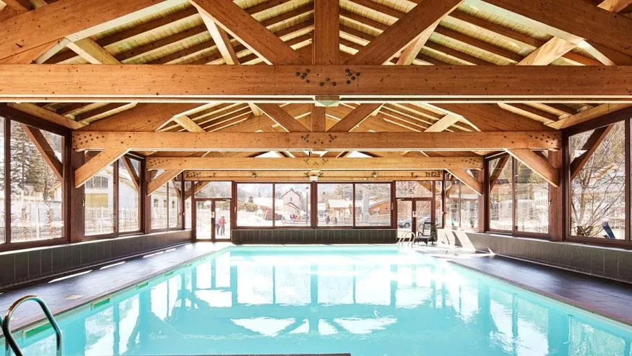 Geräumiges Hallenbad mit Holzdecke und Bergblick