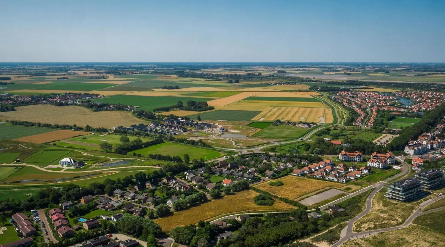 Luftaufnahme Ferienpark inmitten flacher Feldlandschaft mit Ortschaften