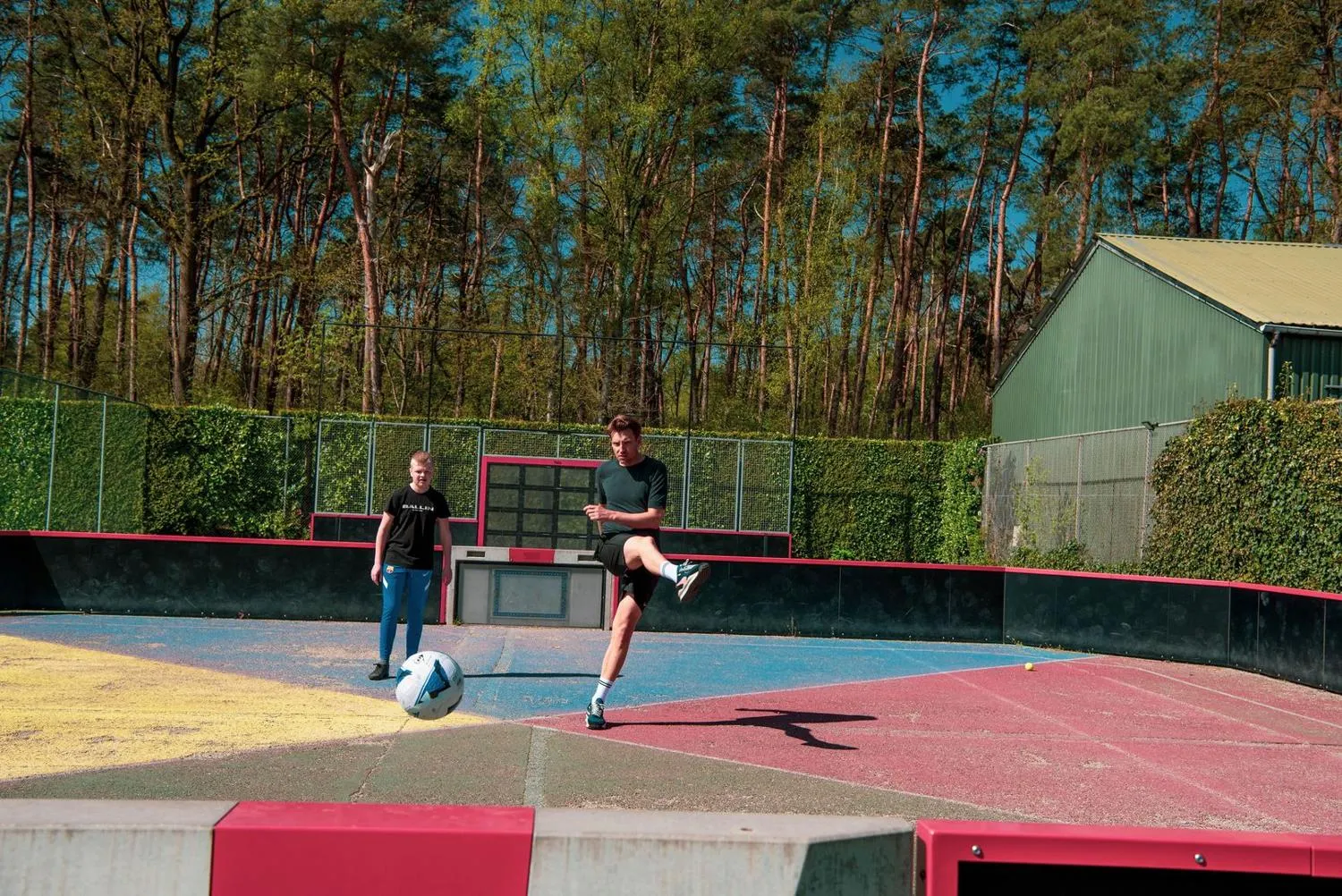Farbiger Futsal-Platz mit Heckenumrandung vor Waldkulisse
